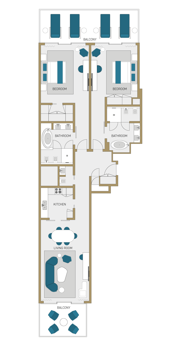 Luxe Two Bedroom Suite Features floorplan.